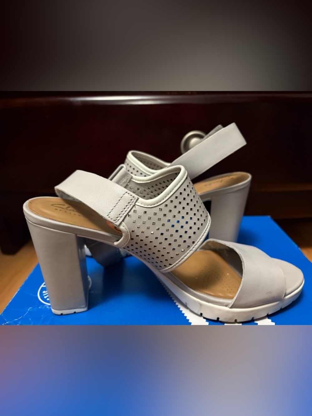 Clarks White Perforated Block Heel Sandals
